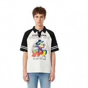 Shen Home Mickey Pluto Graphic Polo Shirt Black Cream Cartoon Top S M